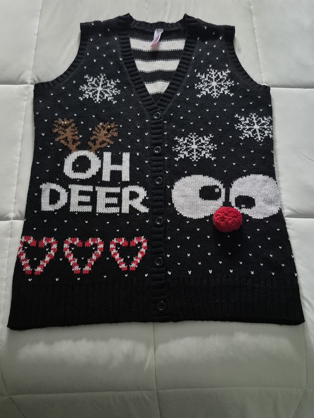 No Boundaries Black Holiday 'Oh Deer' V-Neck Sweater Vest with Red Pom
